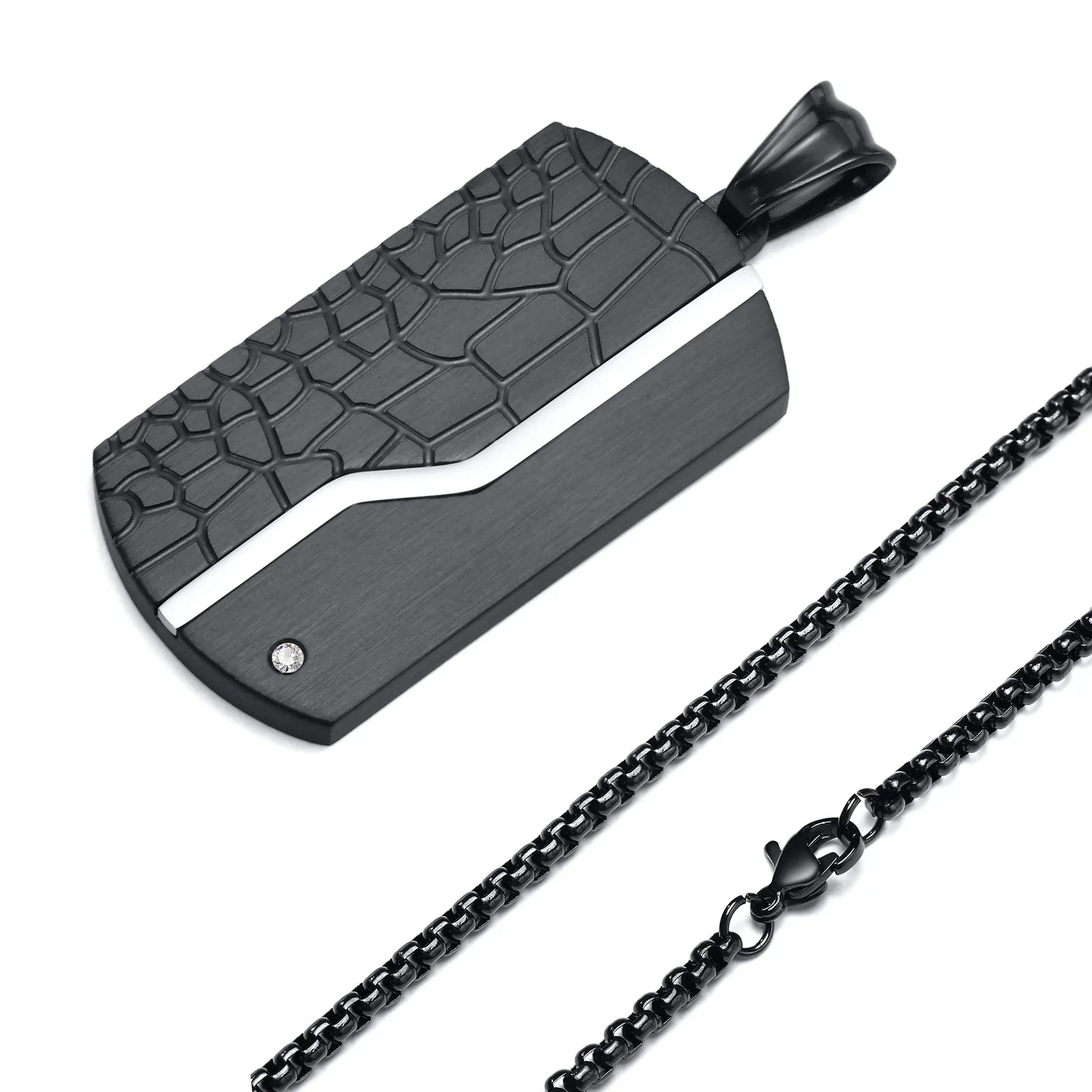 Black textured pendant with chain on a white background