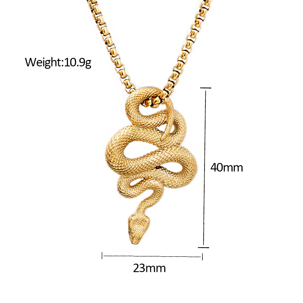 Gold snake pendant necklace with measurements on a white background