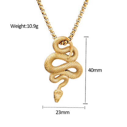 Gold snake pendant necklace with measurements on a white background
