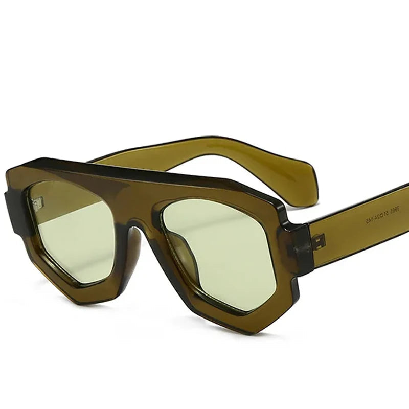 Sunglasses with an olive green frame on a white background