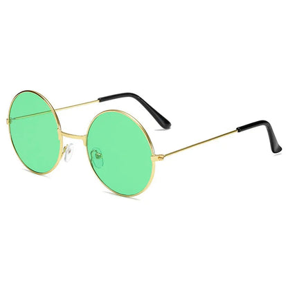 Green round sunglasses with gold frame and black arms on a white background