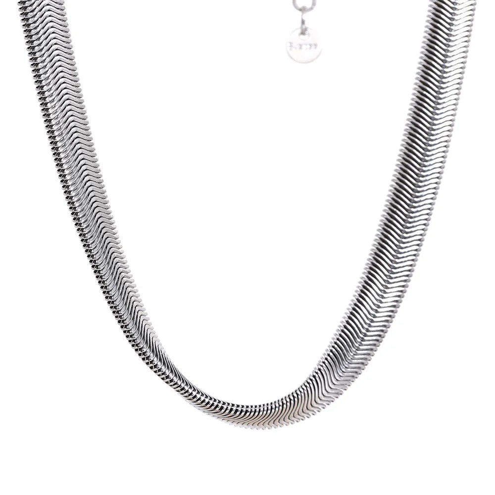 Thick silver snake chain necklace on a white background