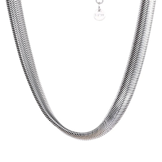 Thick silver snake chain necklace on a white background