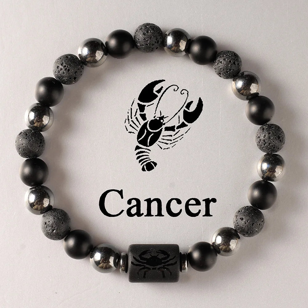 Bracelet with black and gray beads and Cancer zodiac symbol on a white background