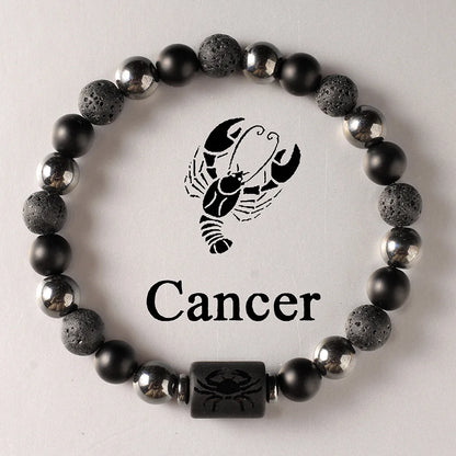 Bracelet with black and gray beads and Cancer zodiac symbol on a white background