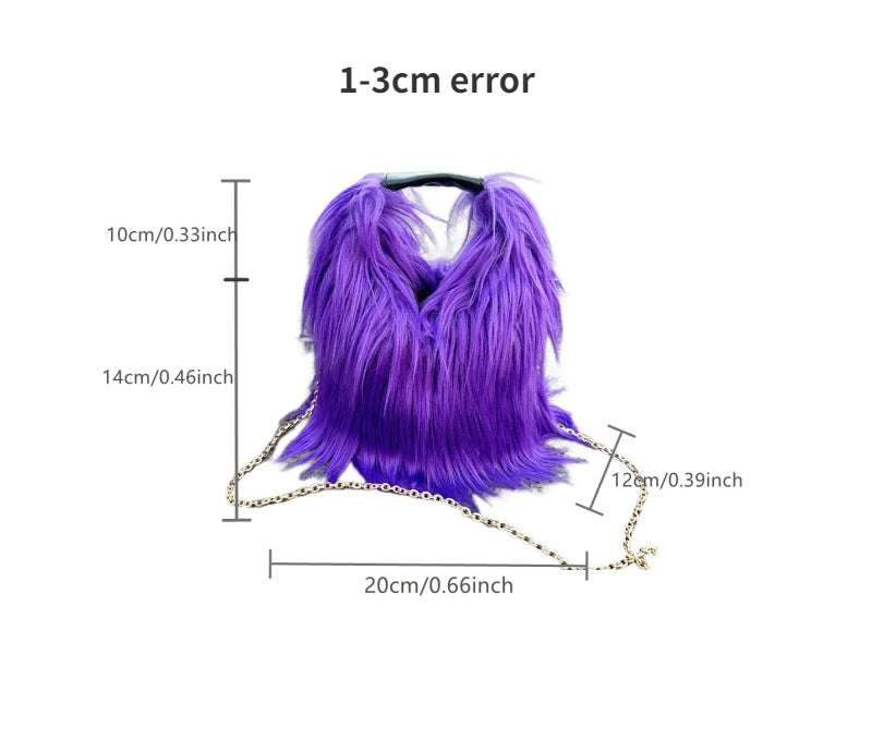 Purple fluffy handbag with measurement labels on a white background