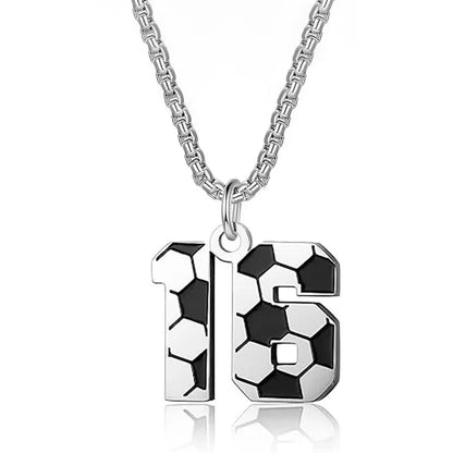 Silver necklace with soccer ball number 16 pendant on a white background