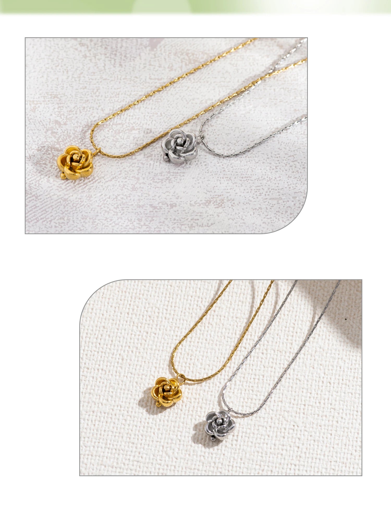 Two necklaces with floral pendants on a textured surface