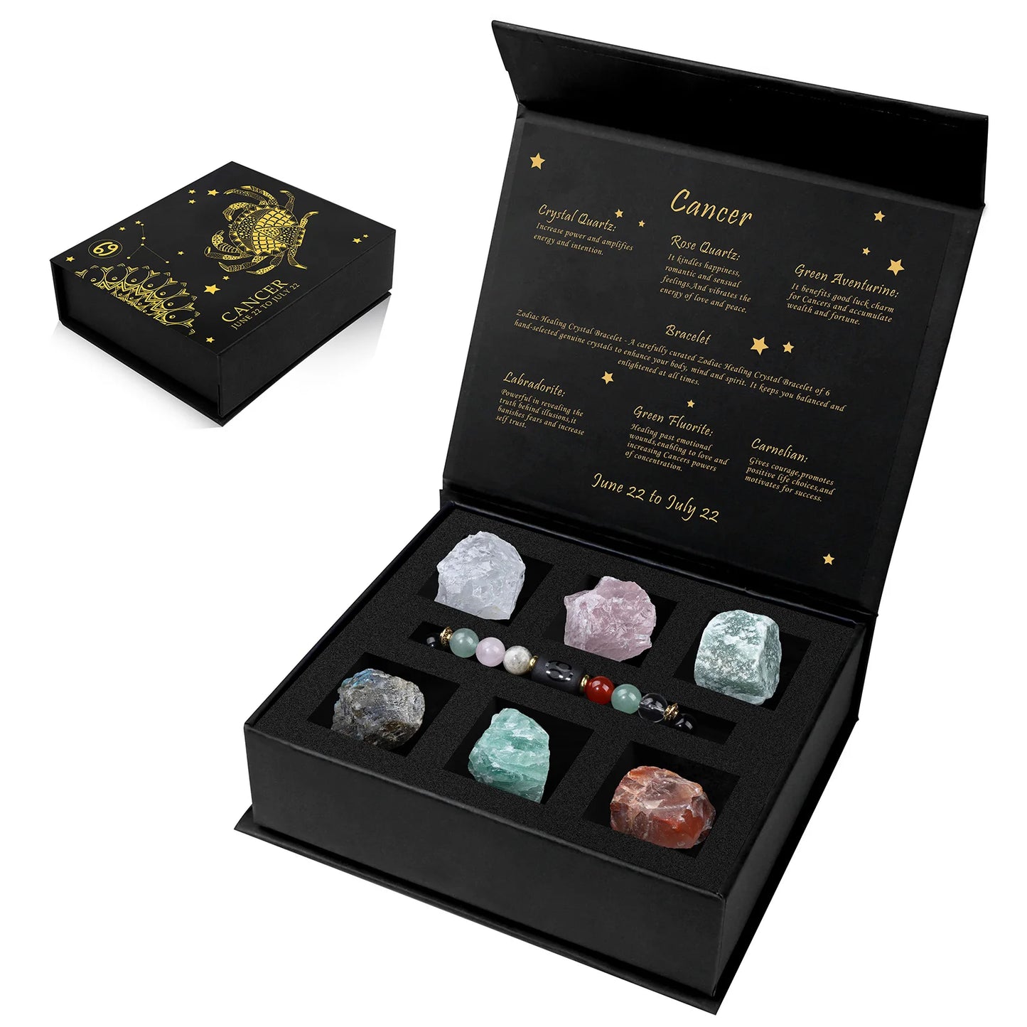 Black box with astrological stones and information, featuring the sign Cancer.