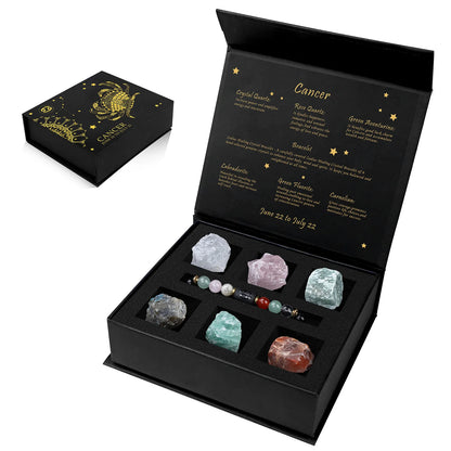 Black box with astrological stones and information, featuring the sign Cancer.