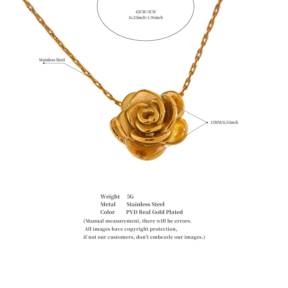 Gold rose necklace with measurement details on a white background