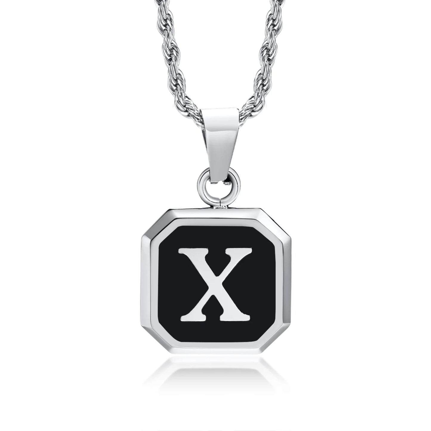 Necklace with a pendant featuring the letter 'X' on a white background