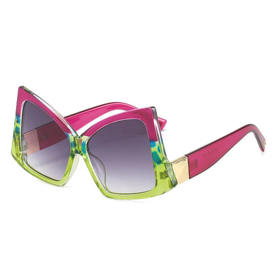 Sunglasses with colourful frame and gradient lenses on a white background