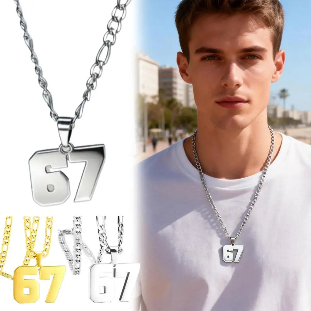 Silver necklace with '67' pendant on a chain, displayed with a person wearing it outdoors.