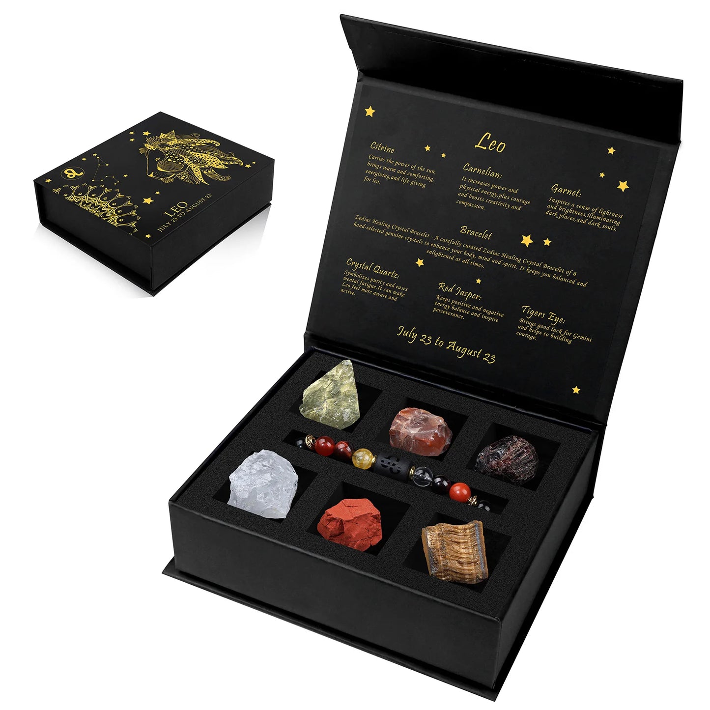 Black box with astrological stones and information on a white background,  featuring Leo theme.