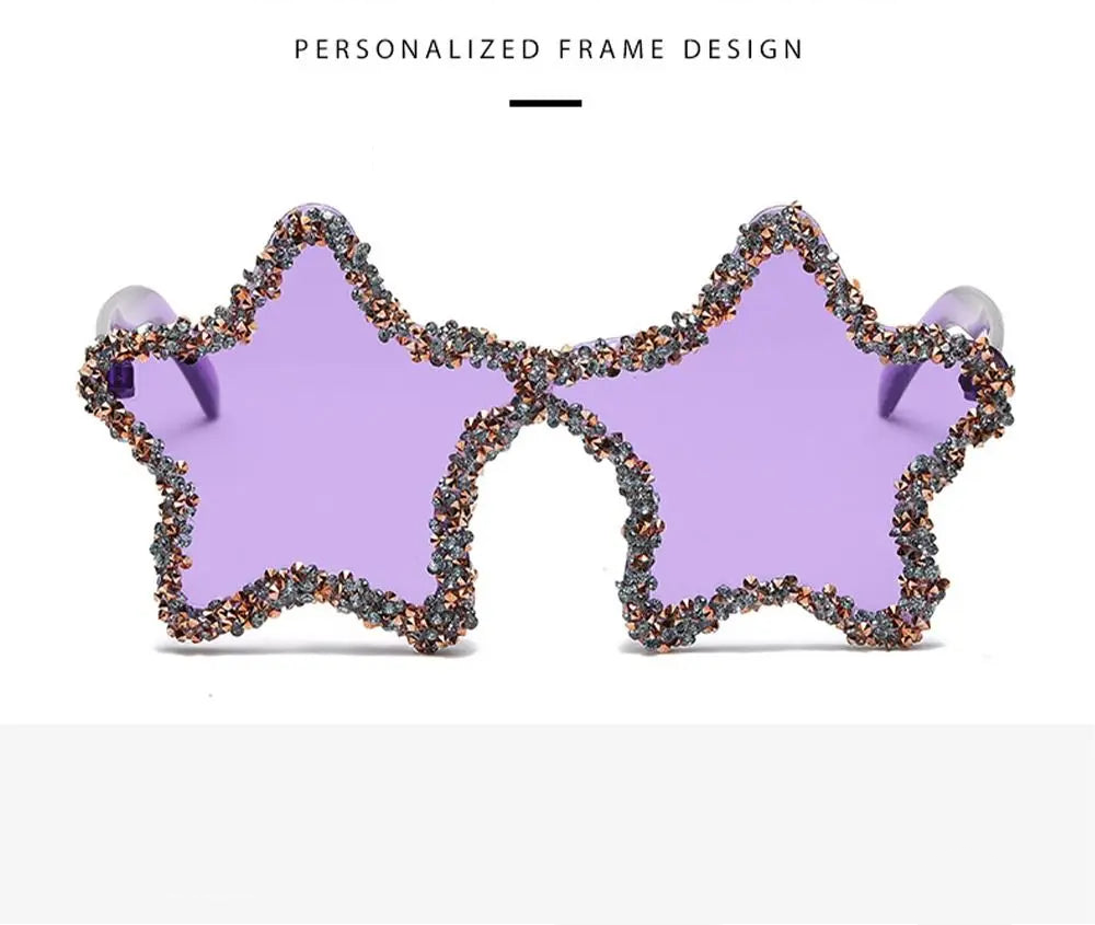 Star-shaped sunglasses with decorative frame on a white background, featuring text about personalized design and product features.