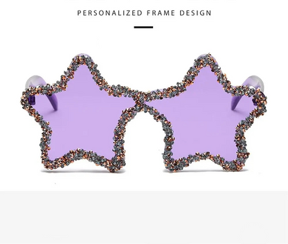 Star-shaped sunglasses with decorative frame on a white background, featuring text about personalized design and product features.