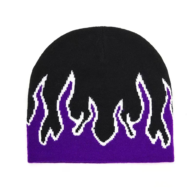 Black beanie with purple flame pattern on a white background