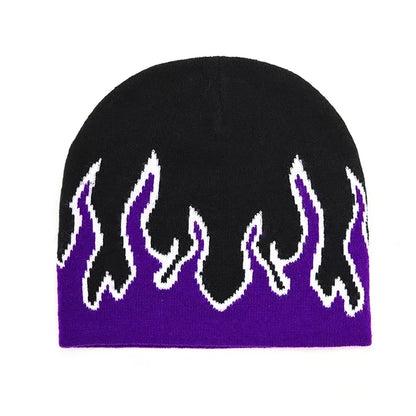 Black beanie with purple flame pattern on a white background