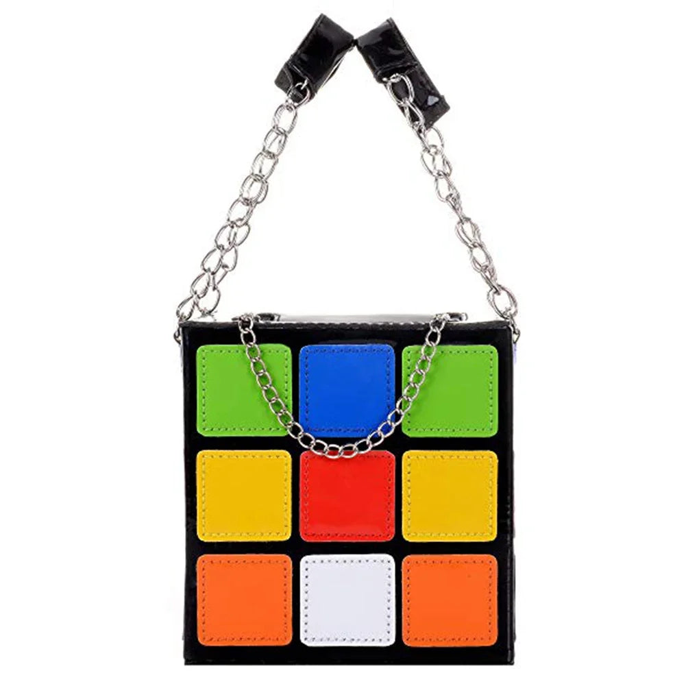 Colourful square bag with chain strap on a white background