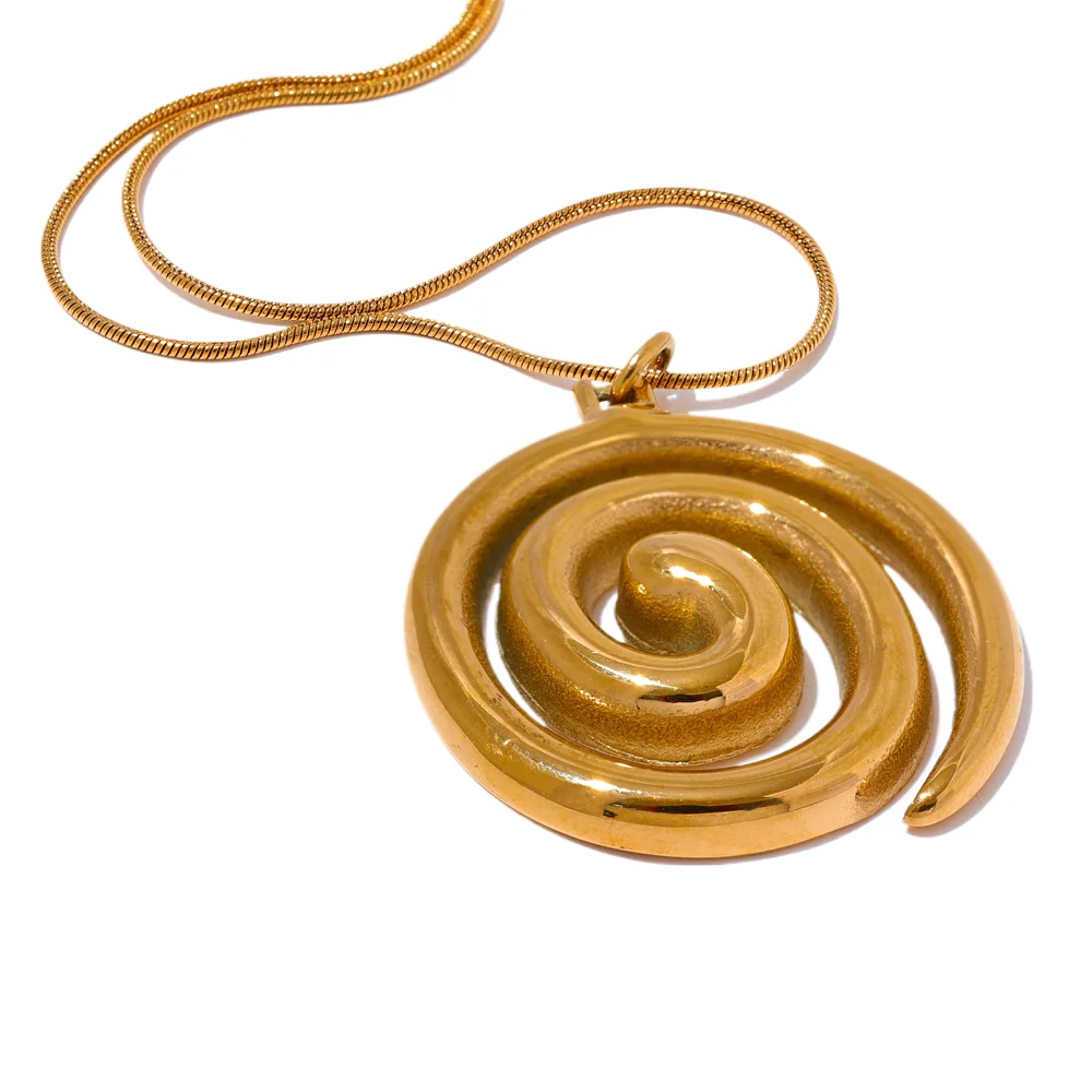 Gold spiral pendant necklace on a white background.