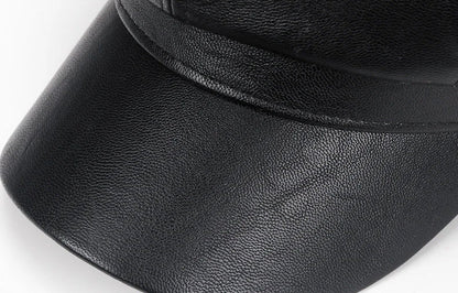 Close-up of a black leather cap on a white background