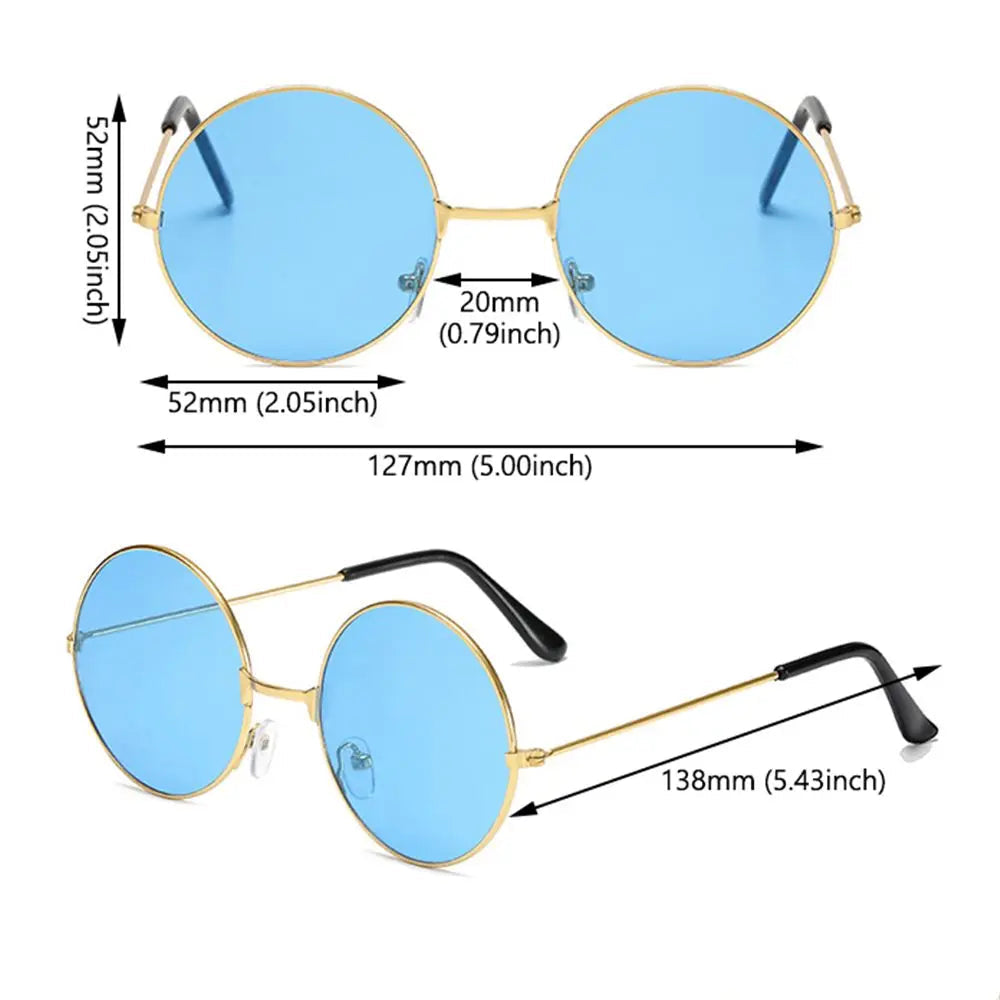 Sunglasses with gold frames and blue lenses, showing measurements on a white background.