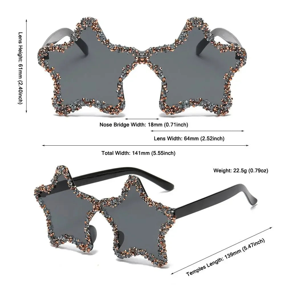 Star-shaped sunglasses with measurements on a white background