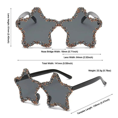 Star-shaped sunglasses with measurements on a white background