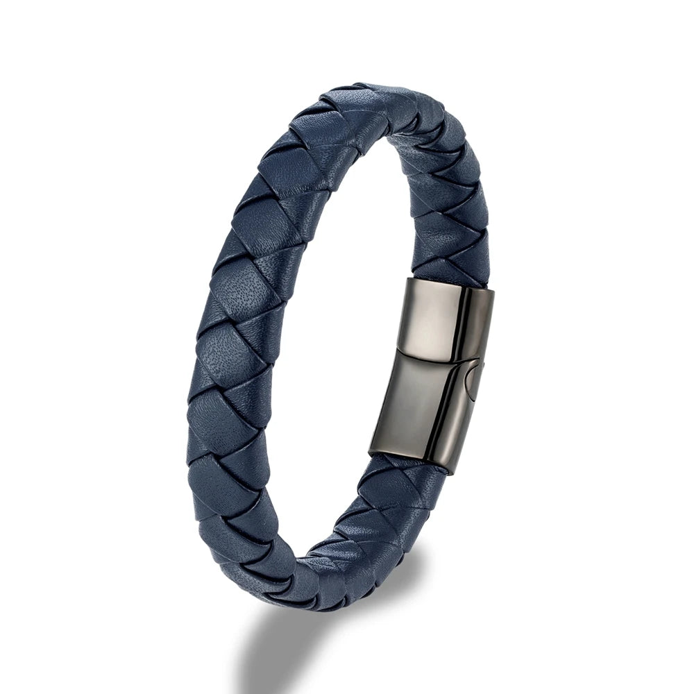 Navy blue braided pattern leather bracelet with black metal clasp on white background