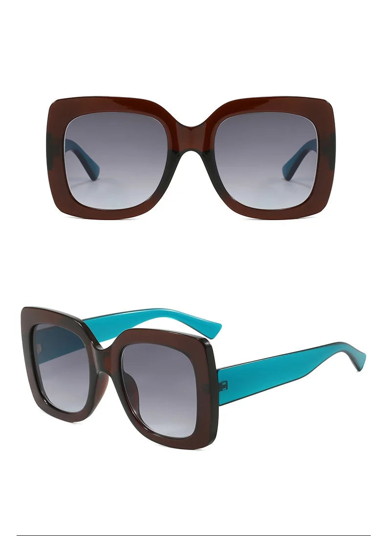 Two views of oversized square sunglasses on a white background: a front view with a dark brown frame and gray gradient lenses, and a side view with a turquoise temple and matching brown frame.