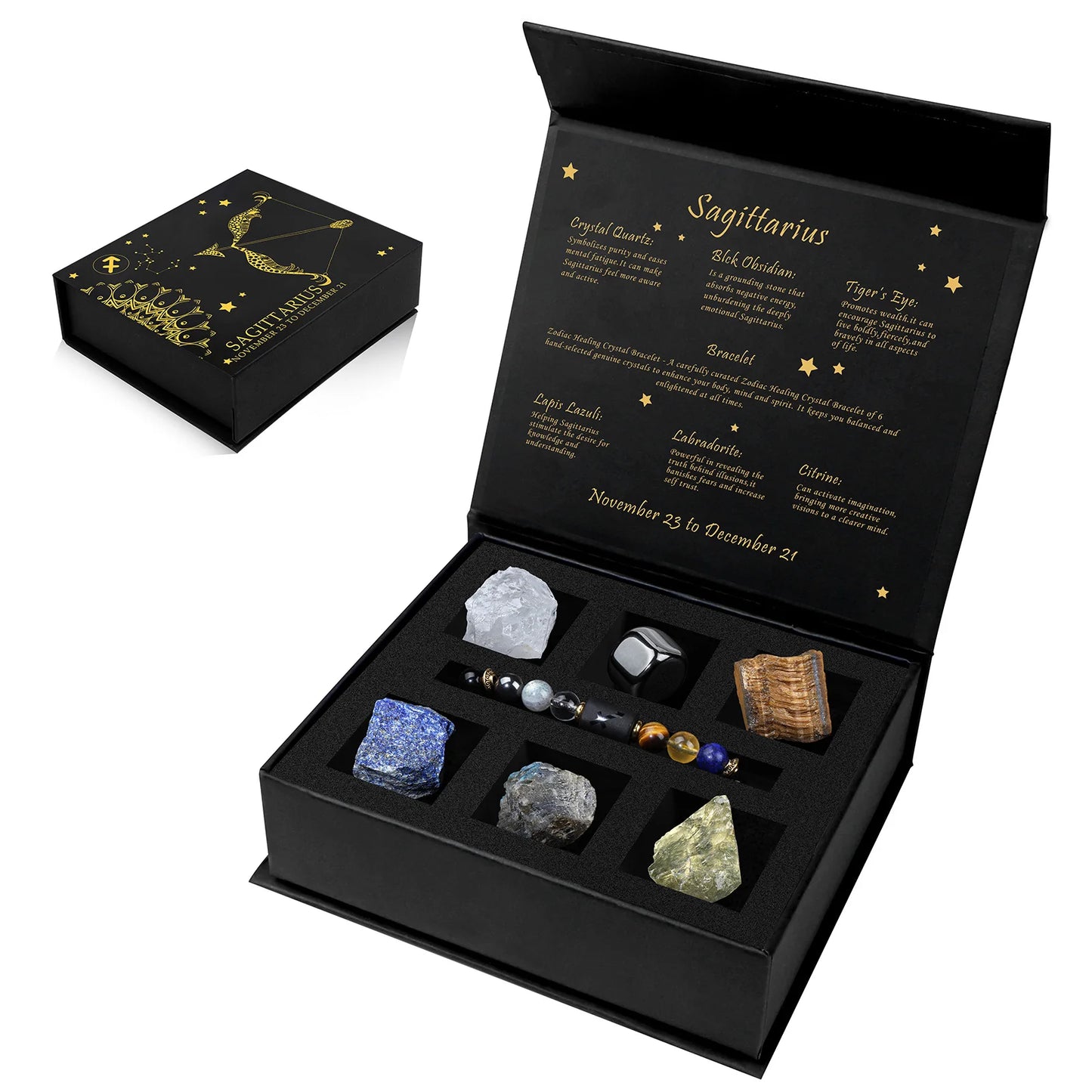 Decorative box with crystals and astrological information on a white background