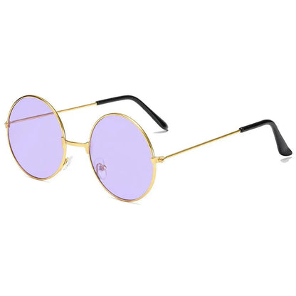Purple round sunglasses with gold frames on a white background