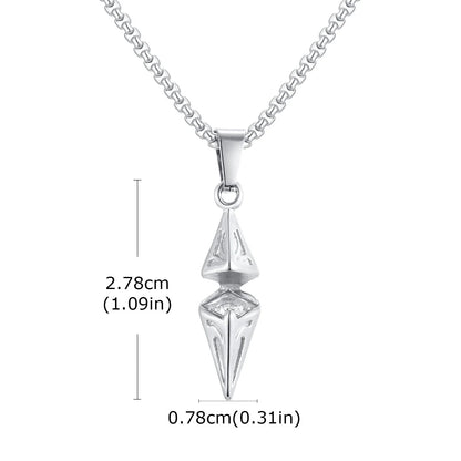 Silver pendant necklace with measurements on a white background