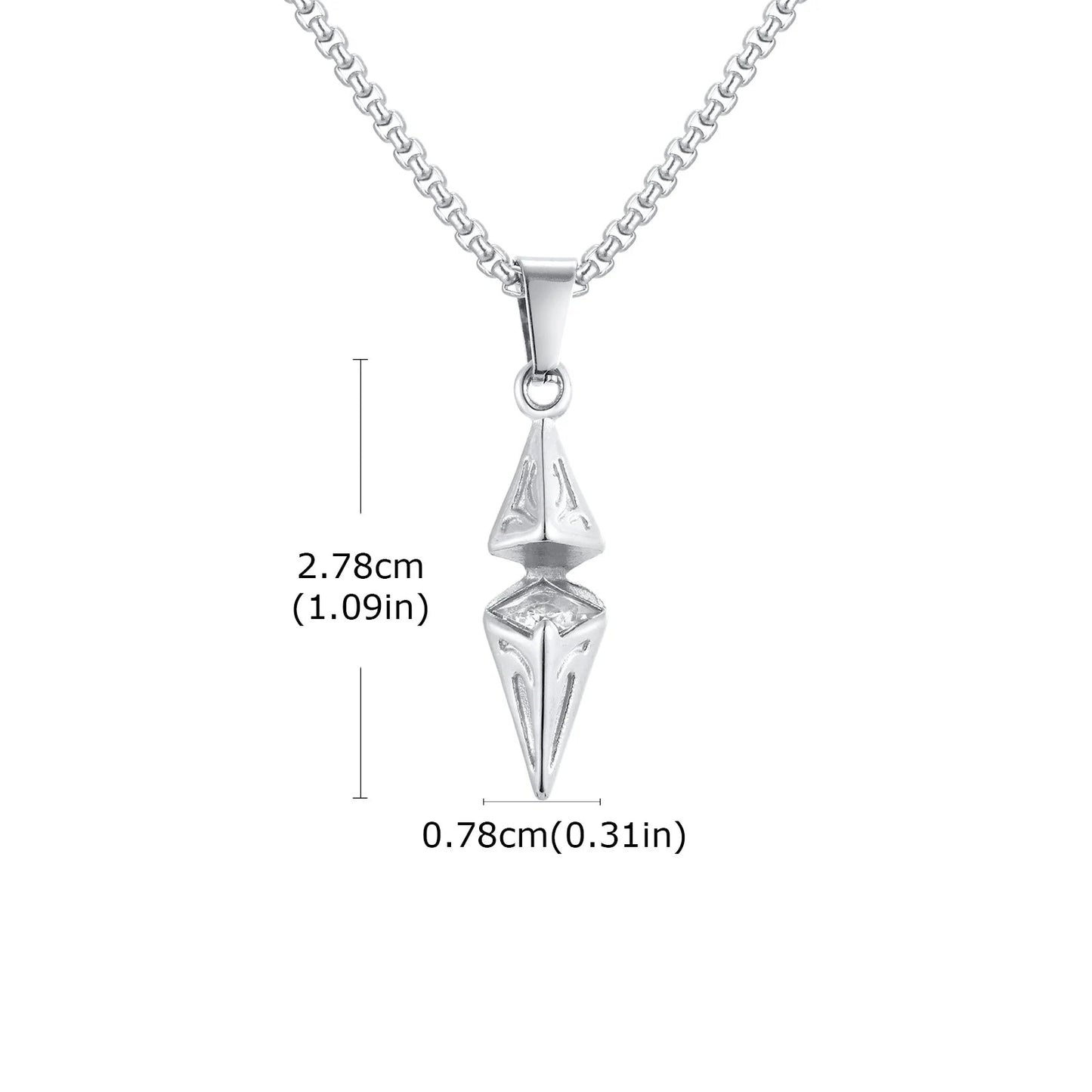 Silver pendant necklace with measurements on a white background