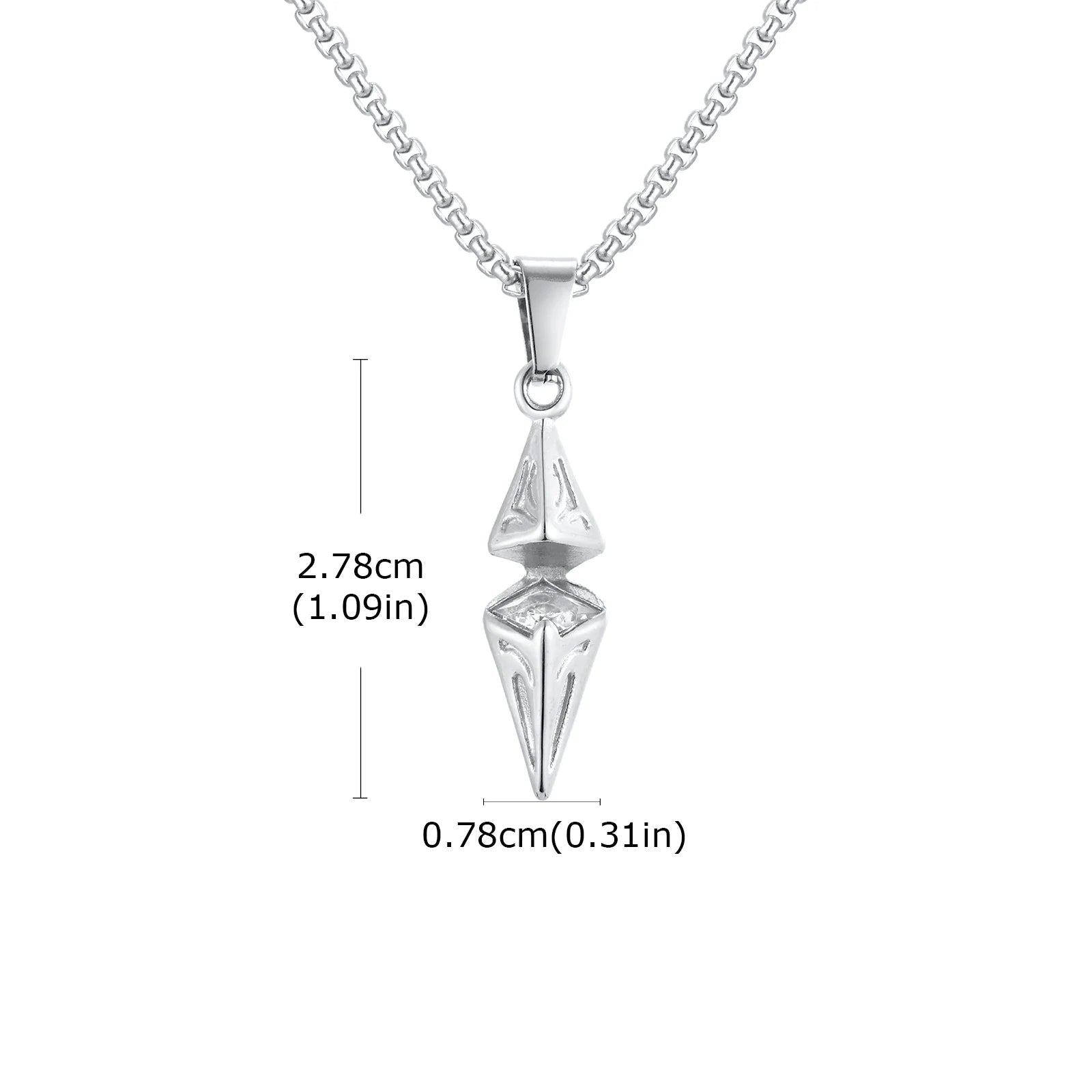 Silver pendant necklace with measurements on a white background
