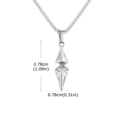 Silver pendant necklace with measurements on a white background