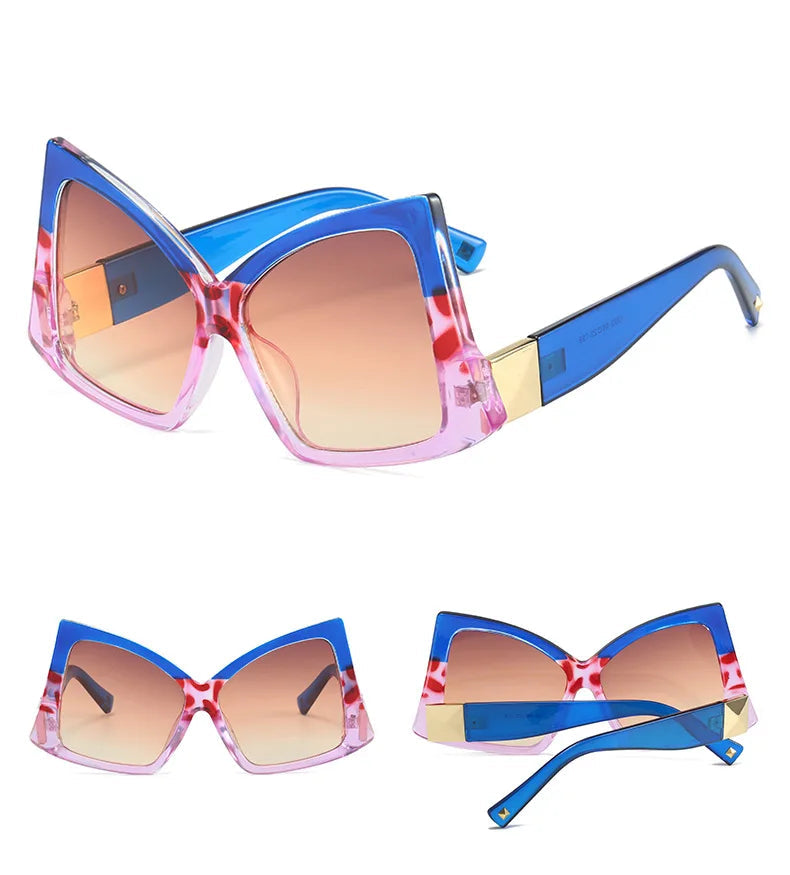 Three views of oversized cat-eye sunglasses with a blue translucent frame, tortoiseshell-patterned pink and gold trim, and gradient orange-to-brown lenses.