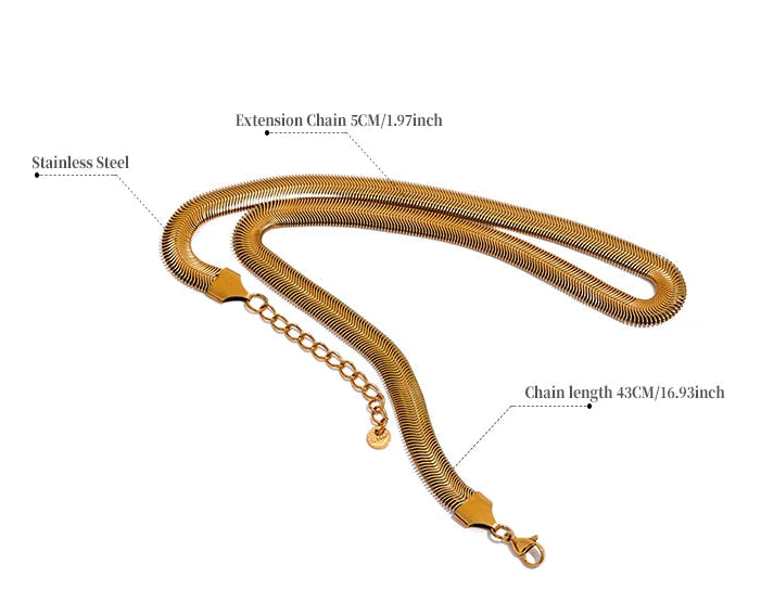 Gold chain necklace with measurement details on a white background