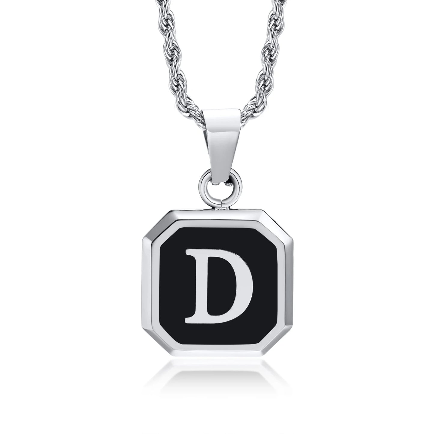Necklace with a black octagonal pendant featuring the letter 'D' on a white background