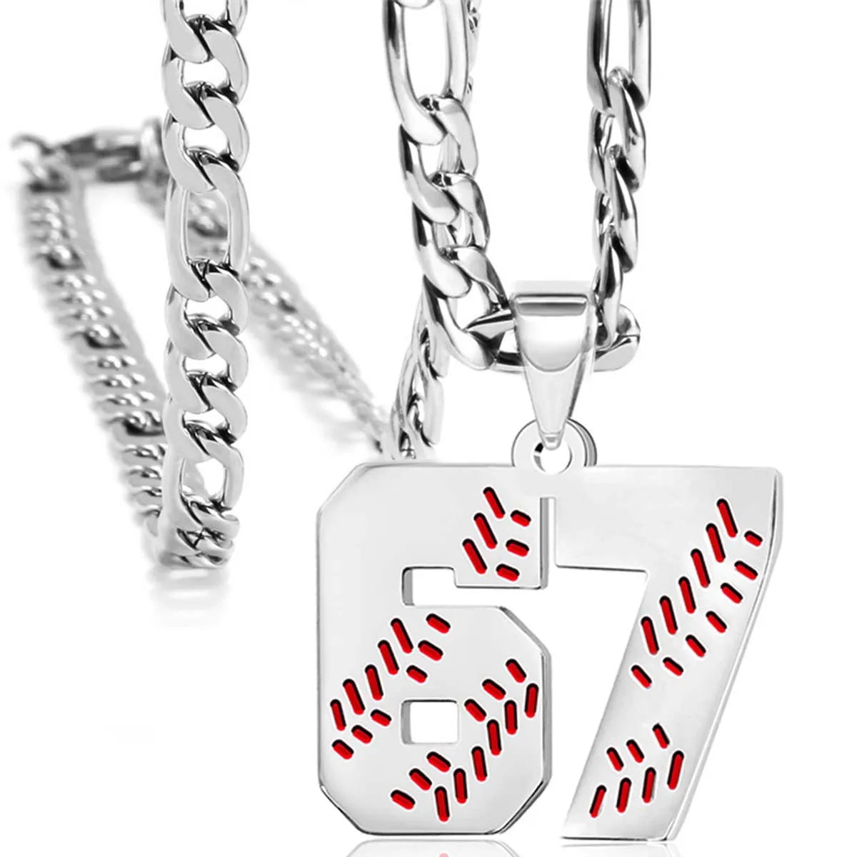 Silver necklace with a number 67 pendant on a white background