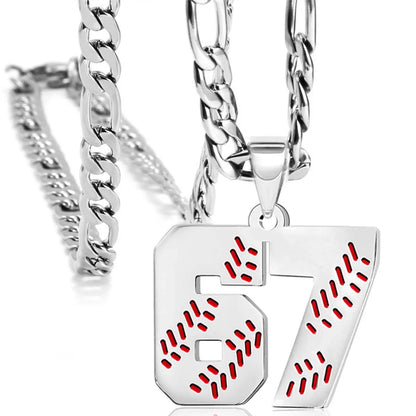 Silver necklace with a number 67 pendant on a white background