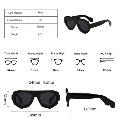 Black sunglasses with detailed specifications on a white background