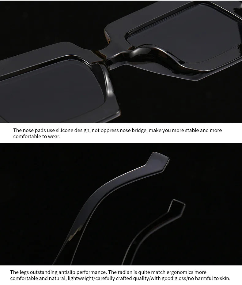 Close-up of a pair of sunglasses with text on silicone nose pads and antislip legs.