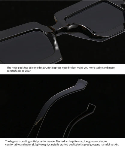 Close-up of a pair of sunglasses with text on silicone nose pads and antislip legs.