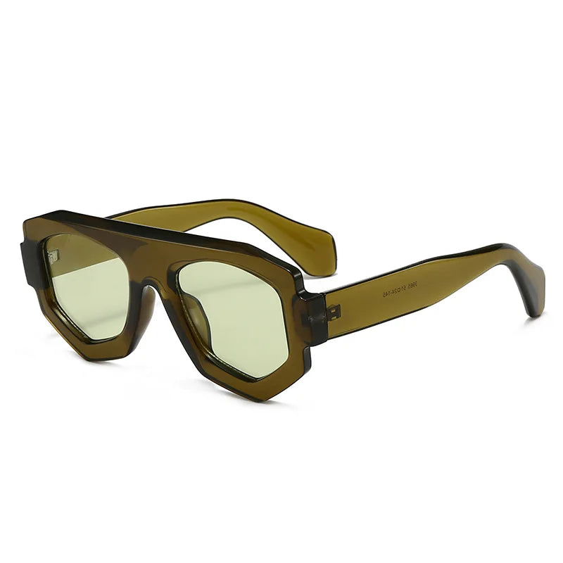 Sunglasses with a brown frame and light green lenses on a white background