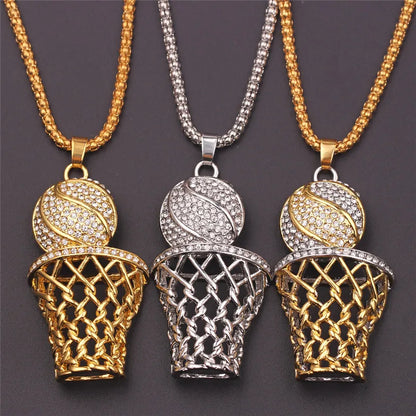 Three basketball hoop pendants in gold, silver on a dark background
