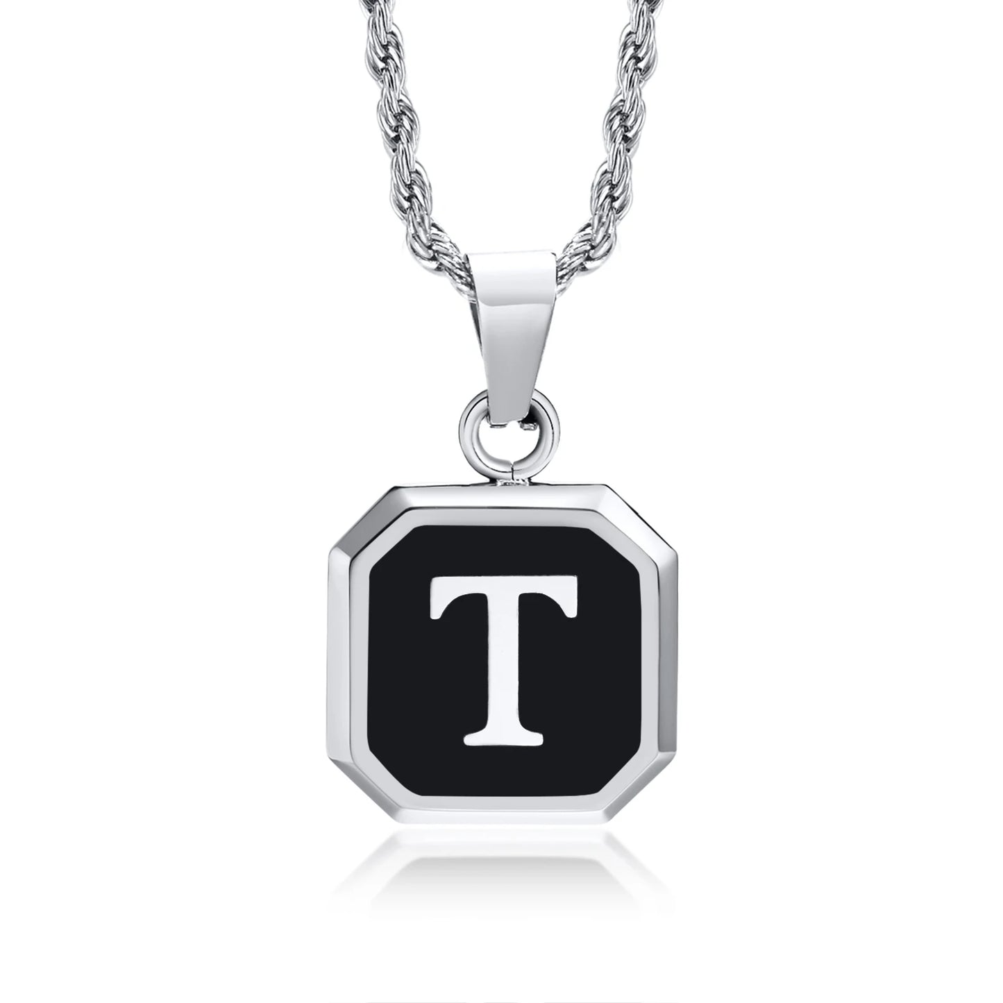 Necklace with a black octagonal pendant featuring the letter 'T'.