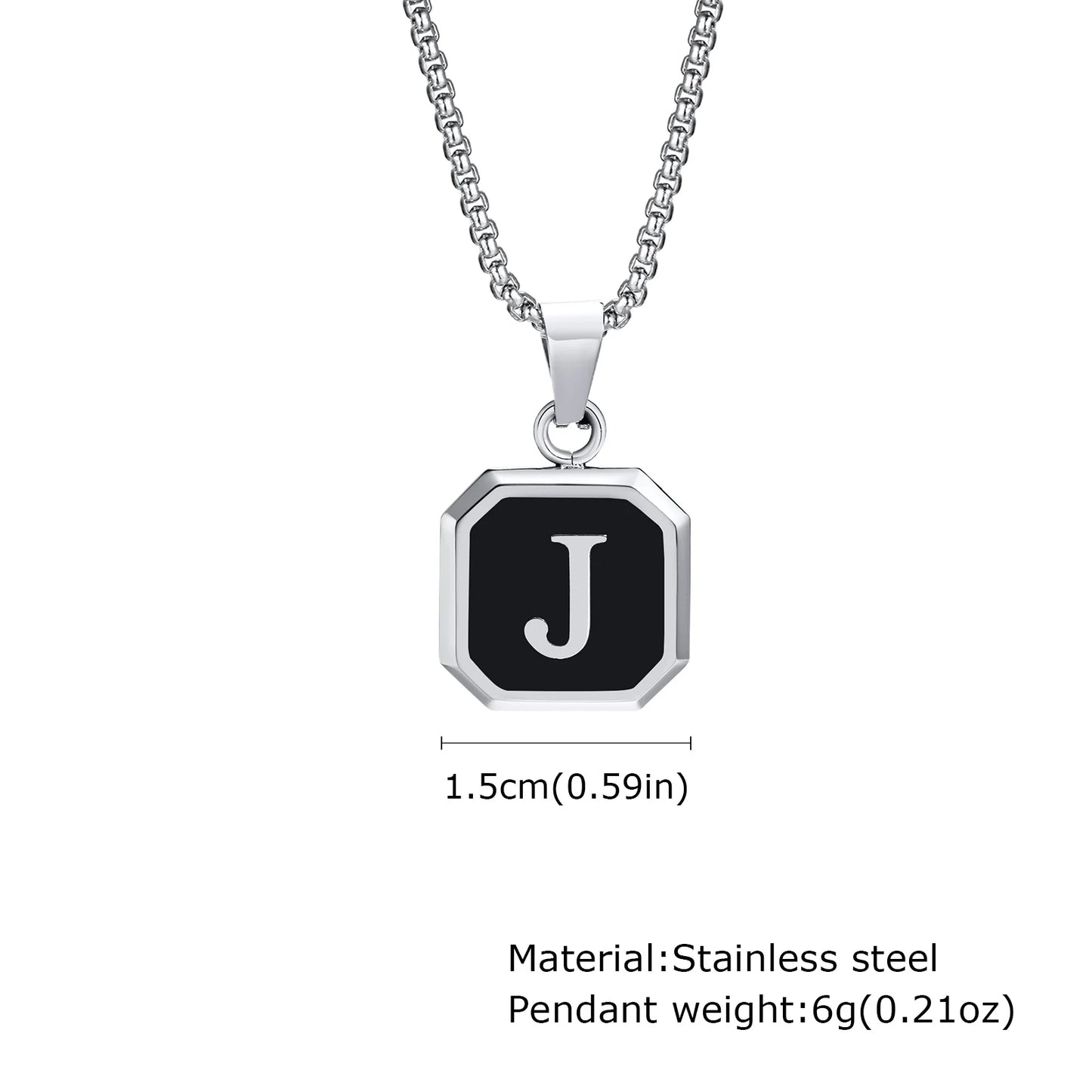 Necklace with a pendant featuring the letter 'J', material indicated as stainless steel.