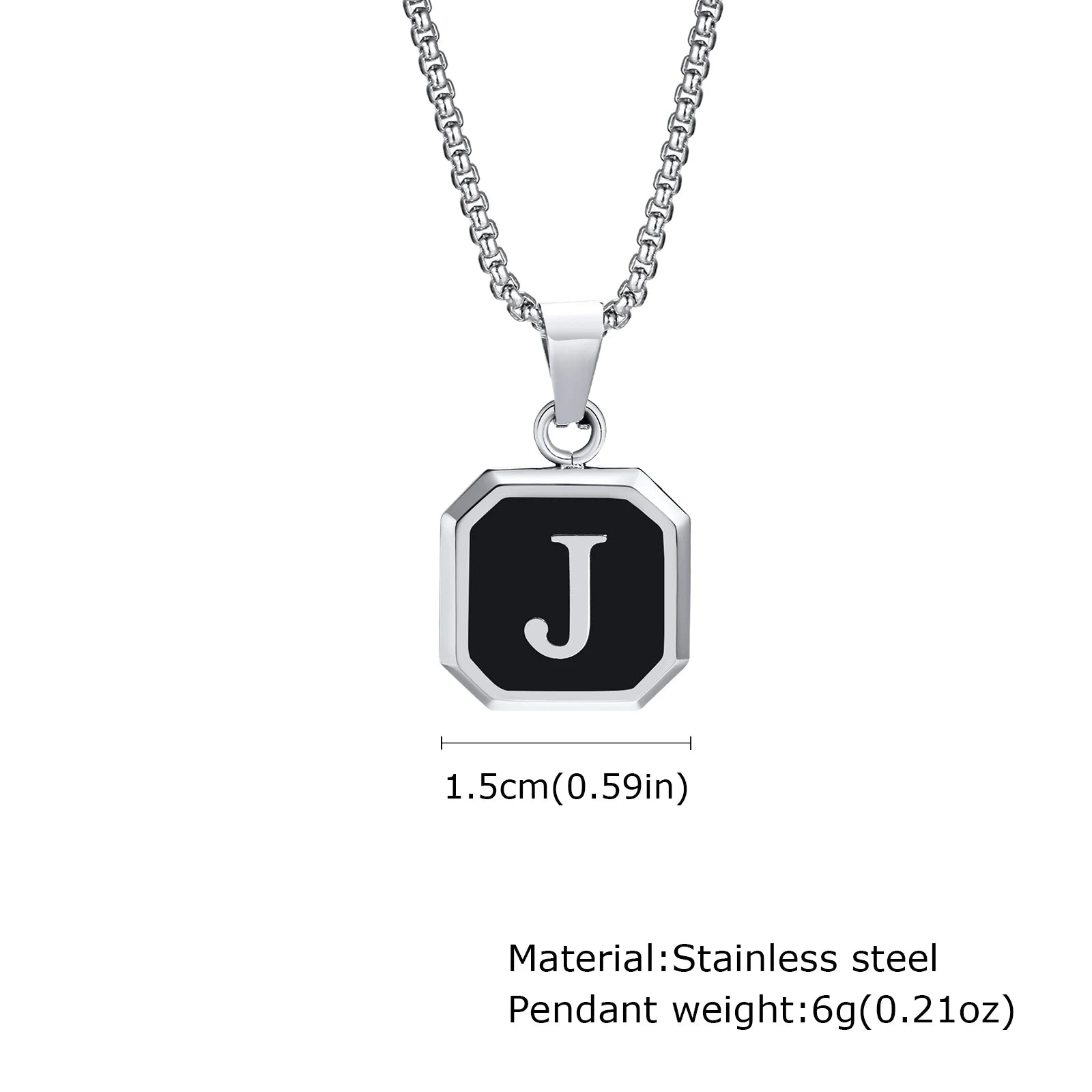 Necklace with a pendant featuring the letter 'J', material indicated as stainless steel.